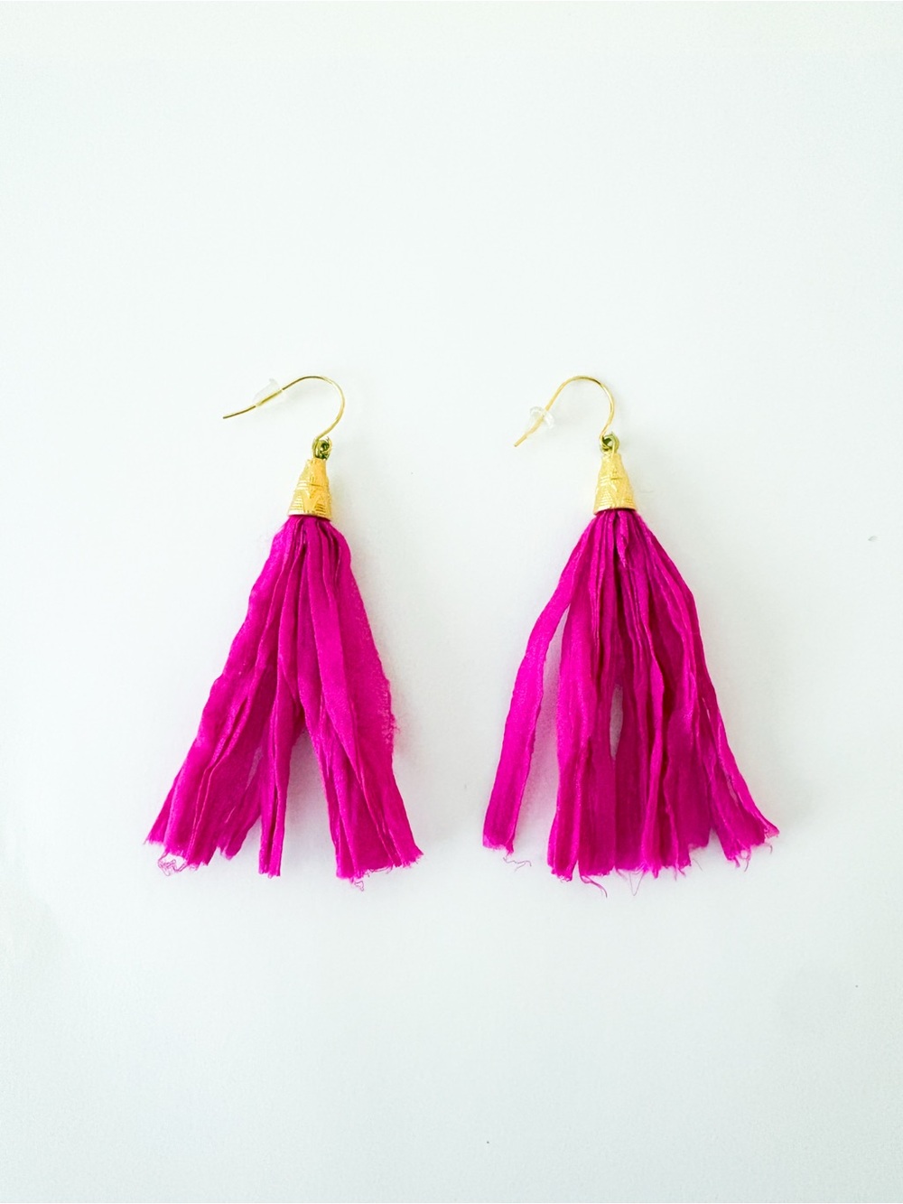 Gold-Top Fuchsia Silk Tassel Earrings